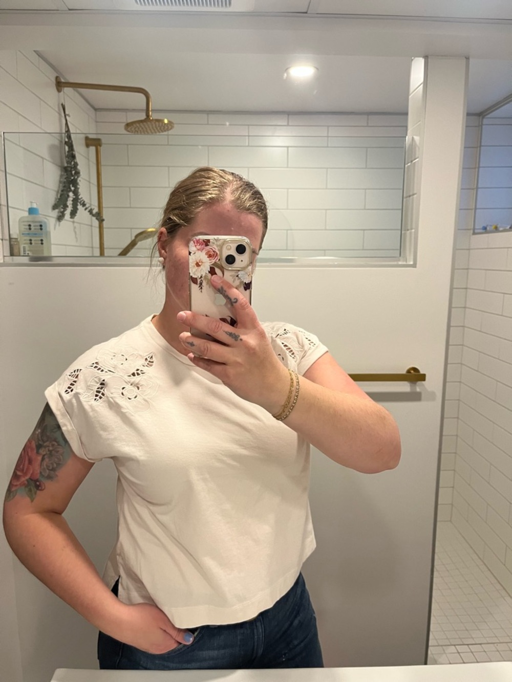 Women's Cream Eyelet Sleeve Tee - 100% cotton